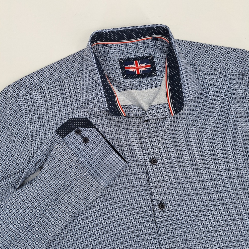 Soul of London Button Down Shirt Mens XL Microfiber Blue Geometric Contrast Trim